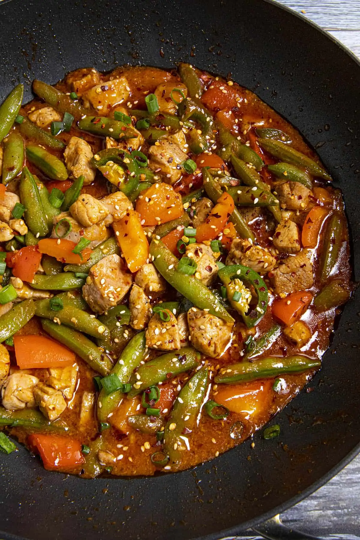 Spicy Pork Stir Fry looking yum in a pan.