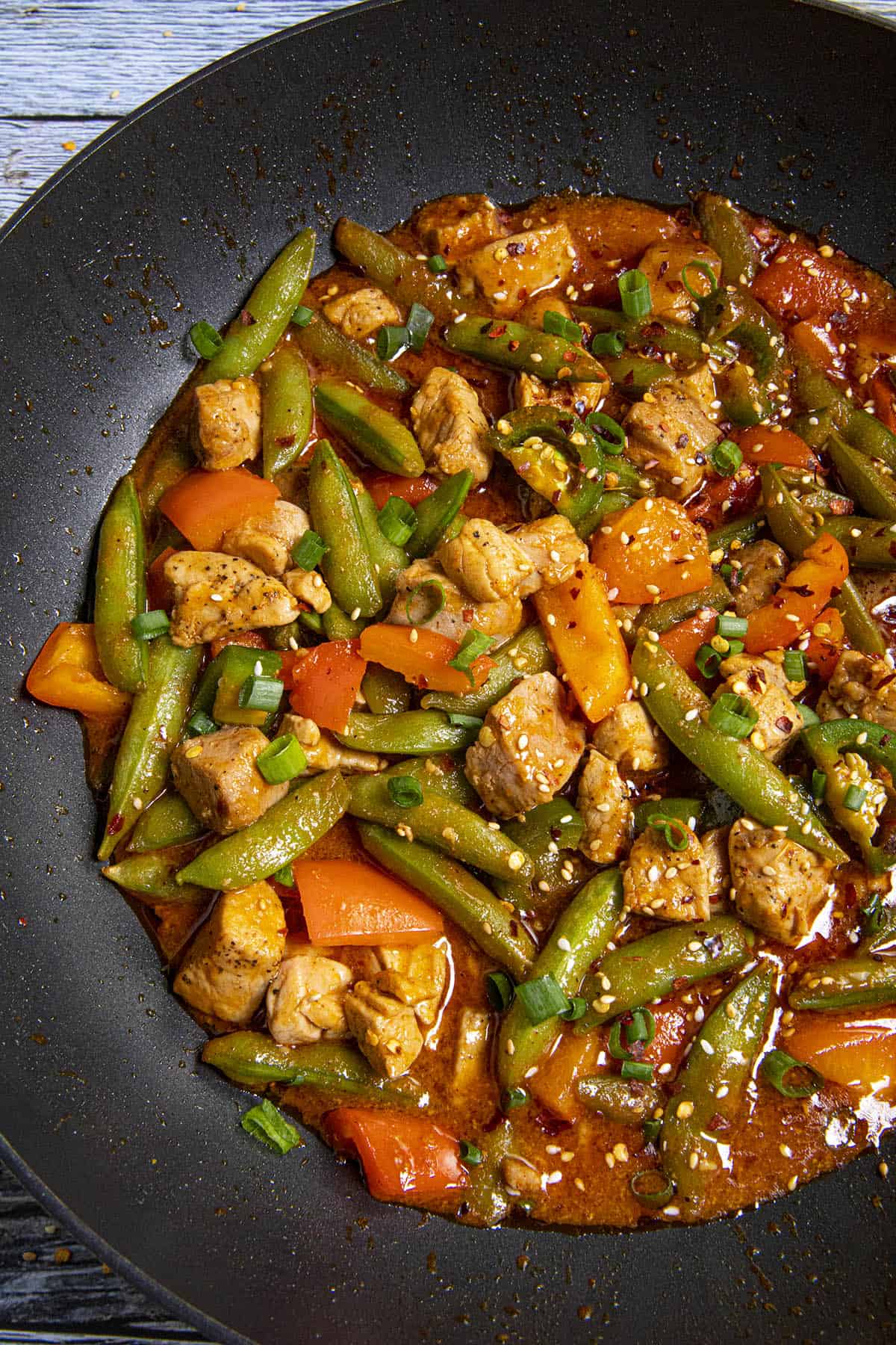 Spicy Pork Stir Fry in a pan, ready to serve.