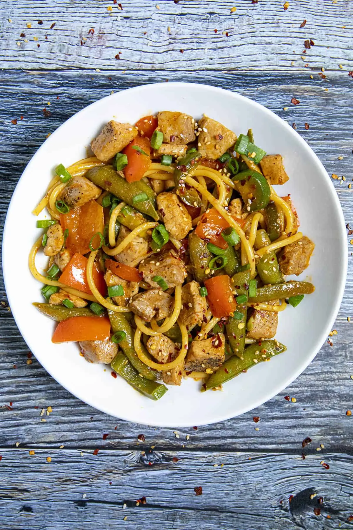 Spicy Pork Stir Fry in a bowl, ready to serve.