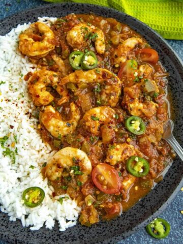 Spicy Cajun Shrimp served in a big skillet