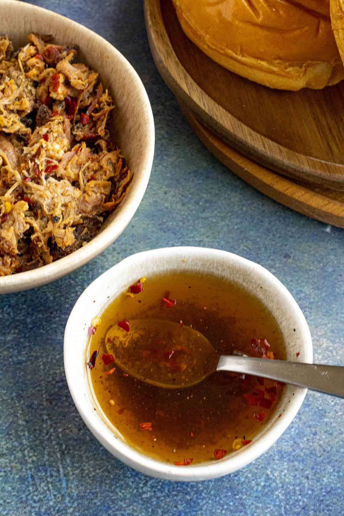 Carolina Vinegar BBQ Sauce with pulled pork.