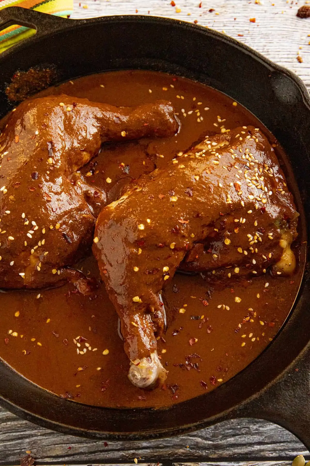 Chicken Mole in a hot pan, ready to serve.