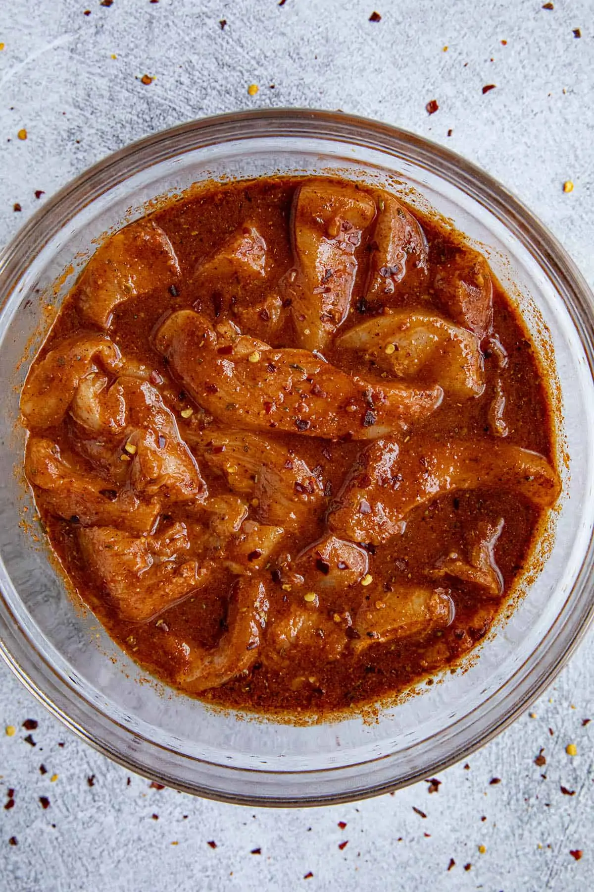 Fajita Marinade with chunks of chicken in a bowl