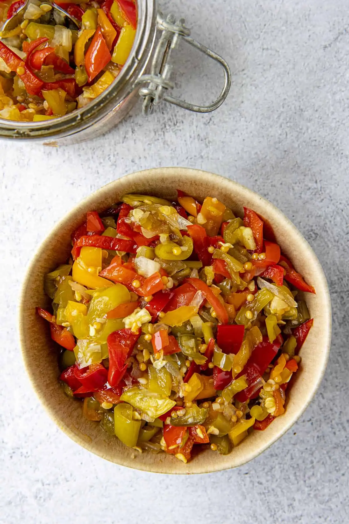 Hot Pepper Relish in a bowl, ready to serve