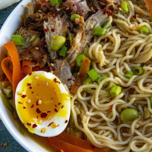 Miso Ramen in a bowl with soft boiled egg