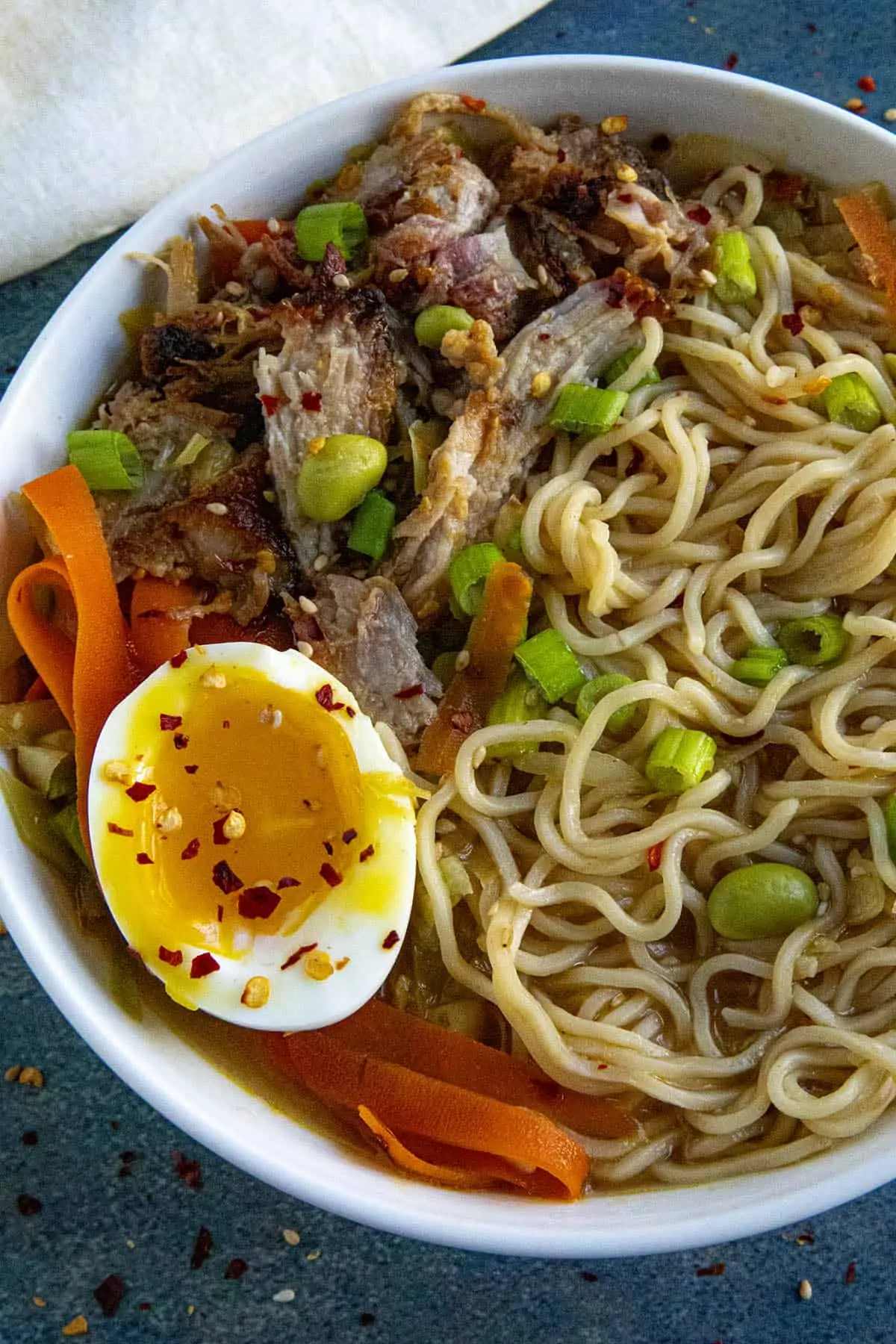 Miso Ramen in a bowl with soft boiled egg