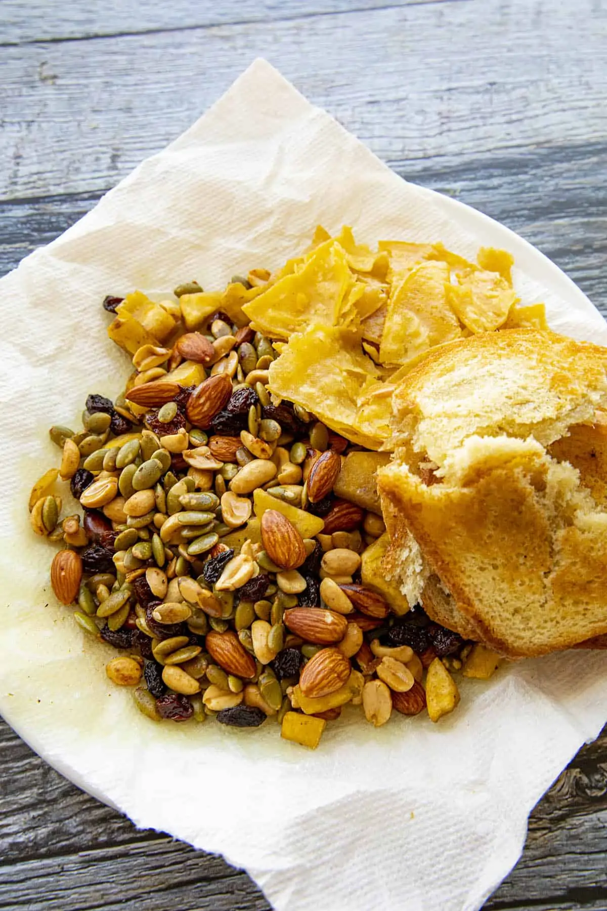 Fried nuts, bread and tortillas for making mole poblano.