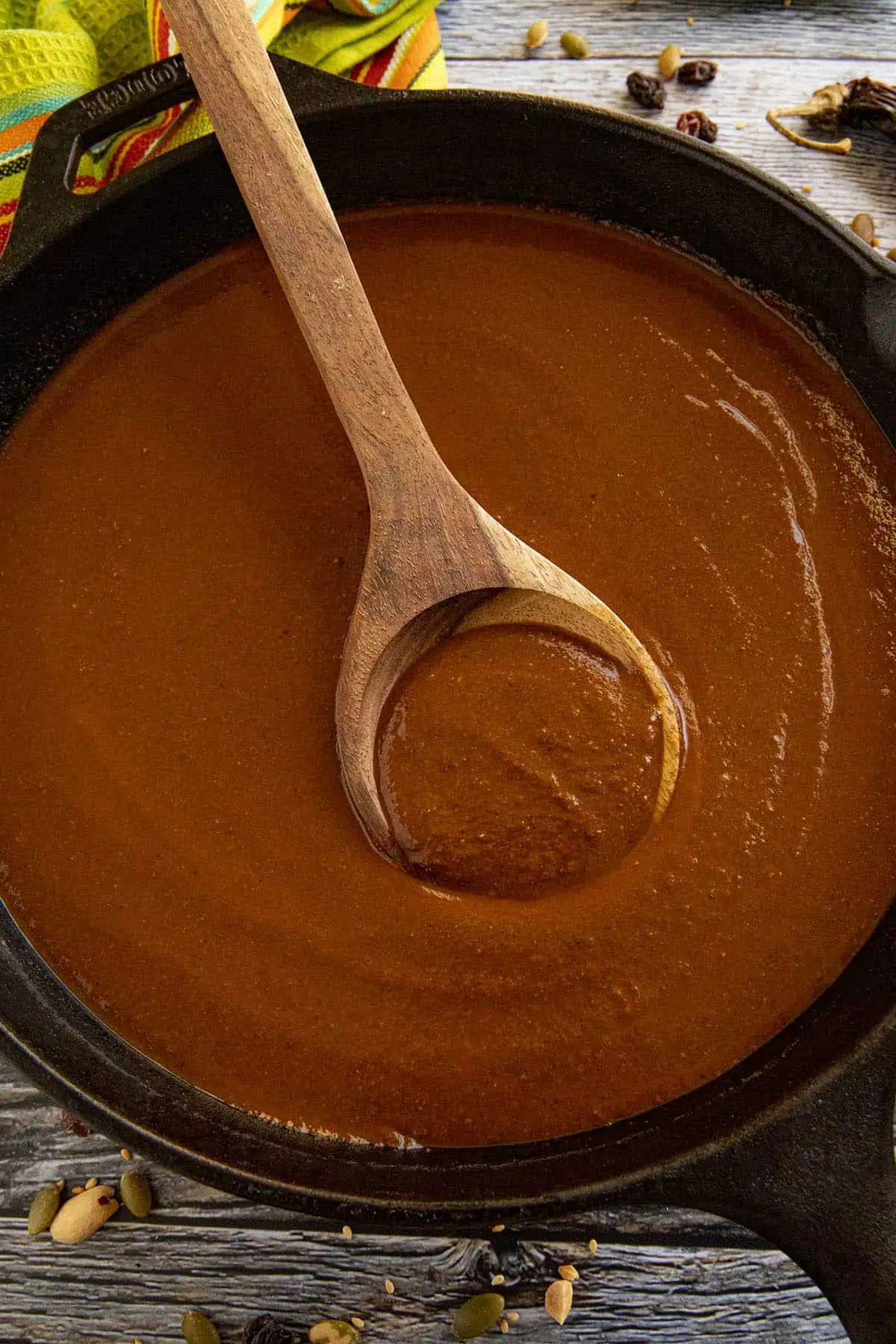 Serving Mole Poblano sauce from the pan.