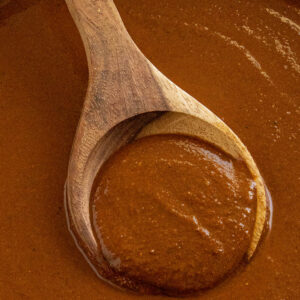 Mole Poblano sauce on a spoon