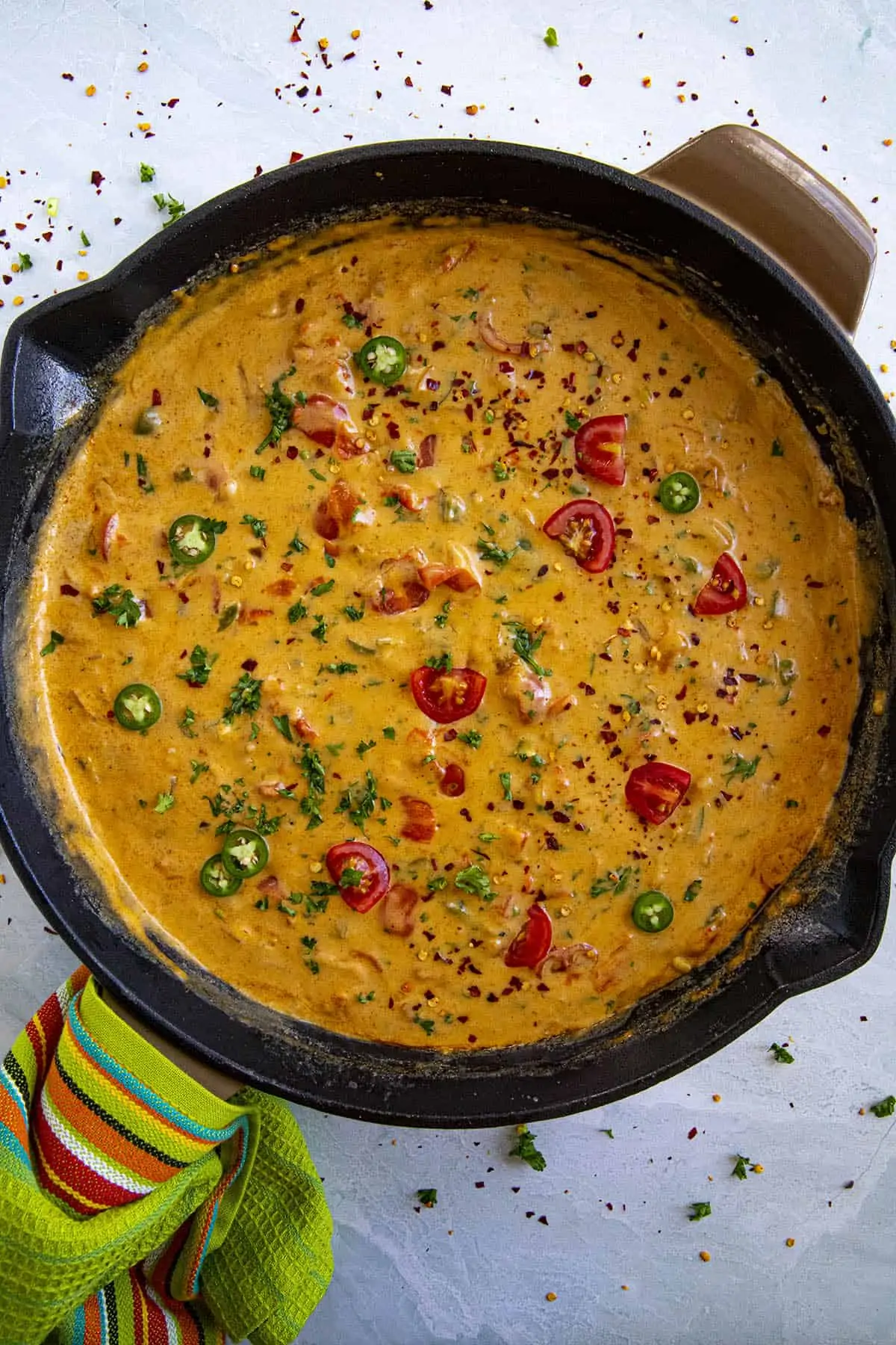 Hot Queso Dip in a pan, ready to serve