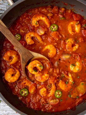 Shrimp Creole served in a skillet.