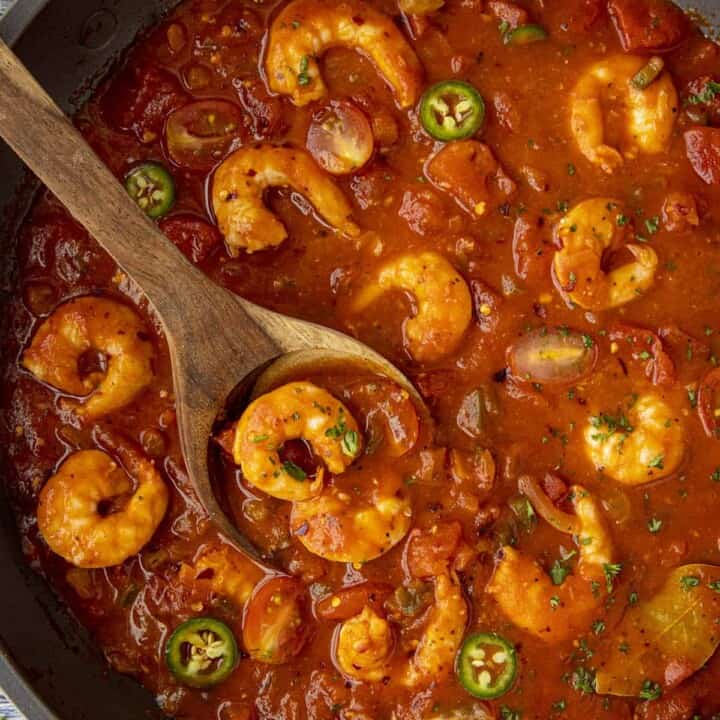 Shrimp Creole served in a skillet.