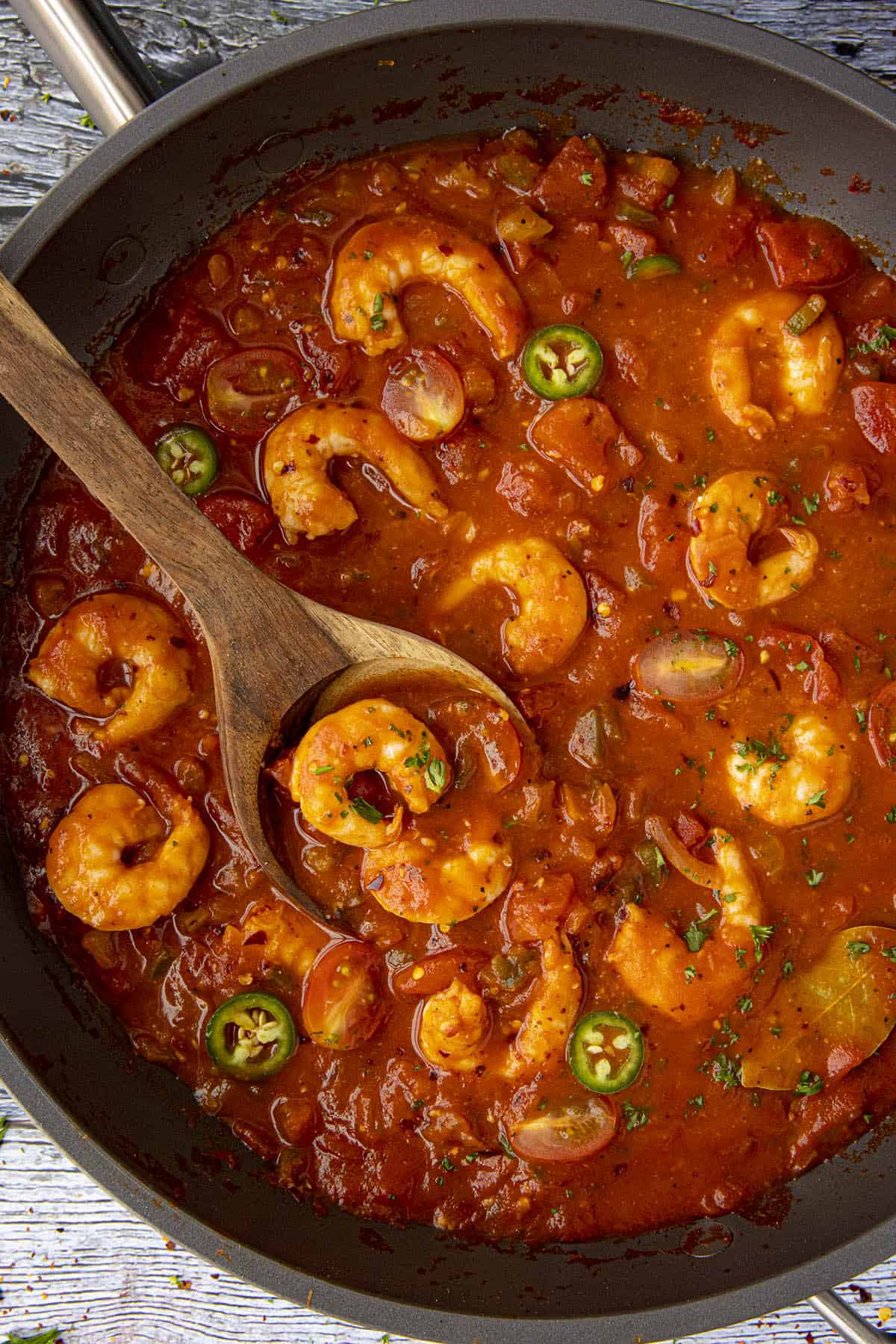 Shrimp Creole served in a skillet.