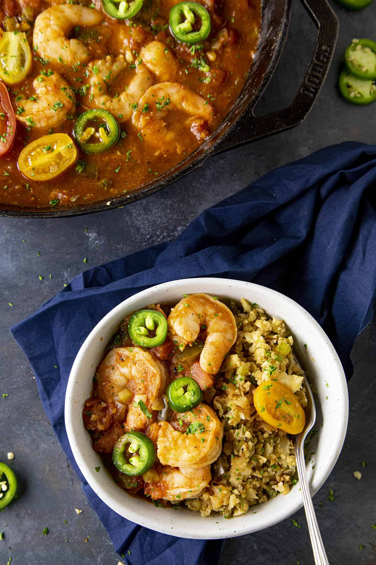 Shrimp Creole served in a bowl over rice.