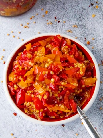 Homemade Sweet Pepper Relish in a white bowl.