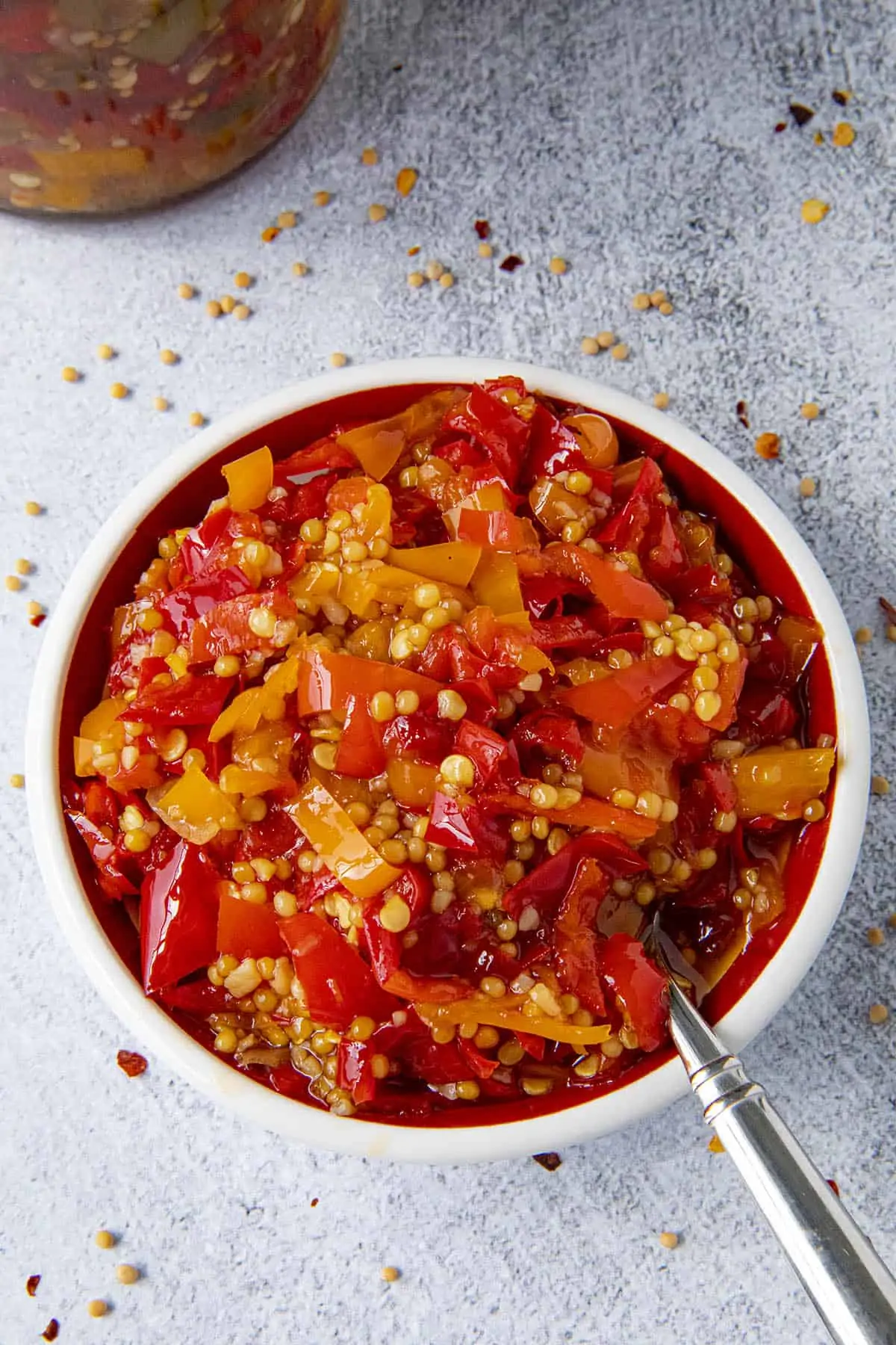 Homemade Sweet Pepper Relish in a white bowl.