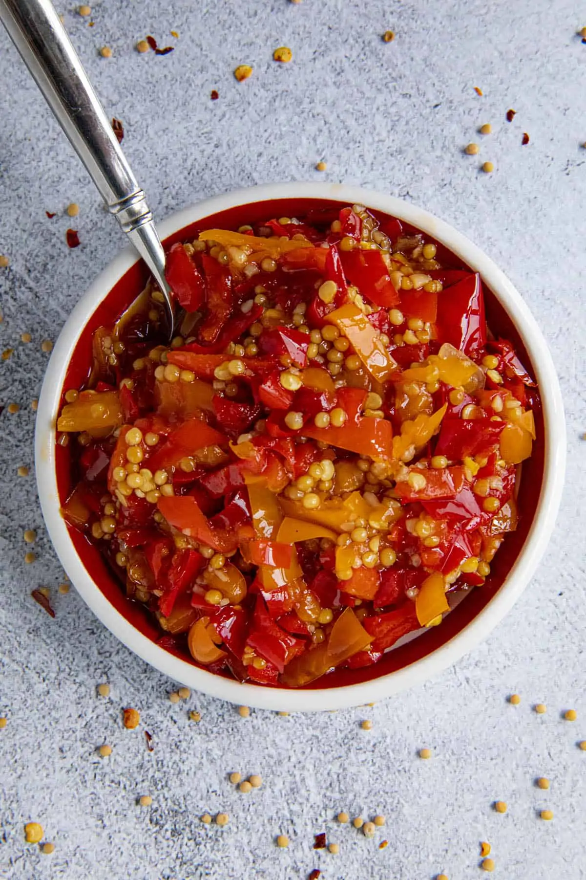 Sweet Pepper Relish in a bowl, ready to serve.