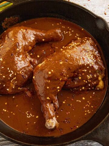 Chicken Mole in a hot pan, ready to serve