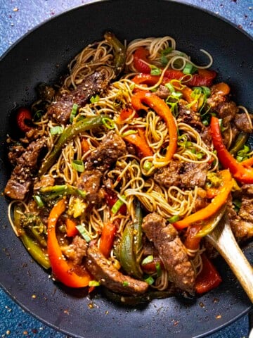 Beef Stir Fry served in a skillet.