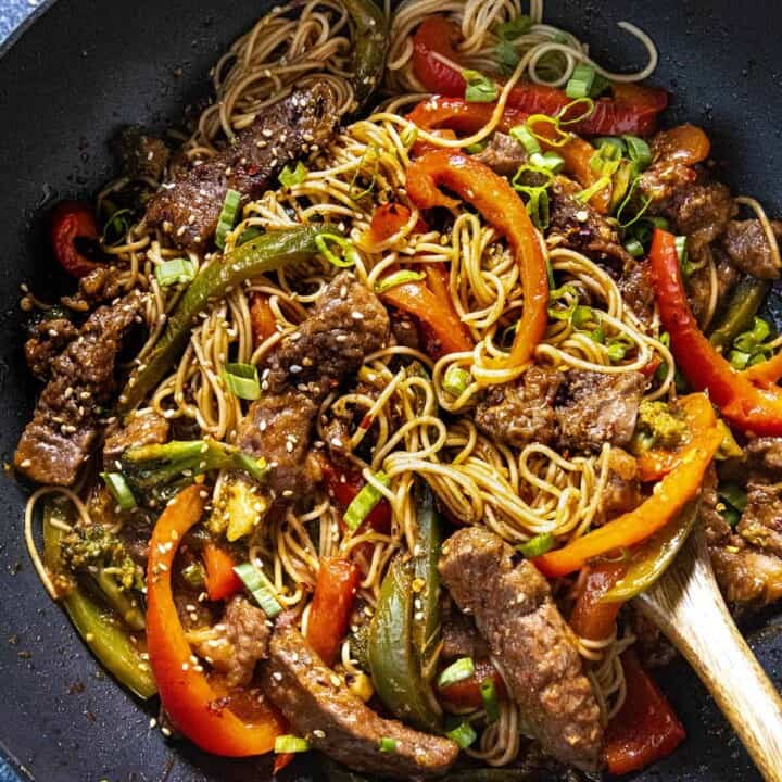 Beef Stir Fry served in a skillet.