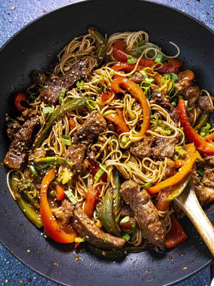 Beef Stir Fry served in a skillet.