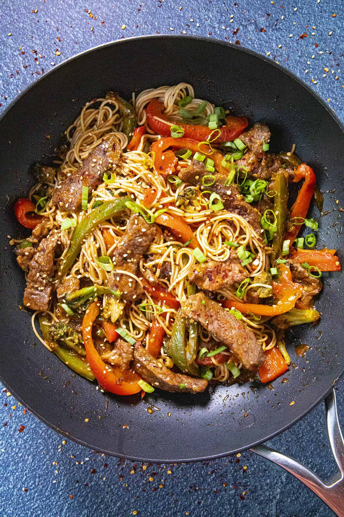 Beef Stir Fry in a pan with noodles.