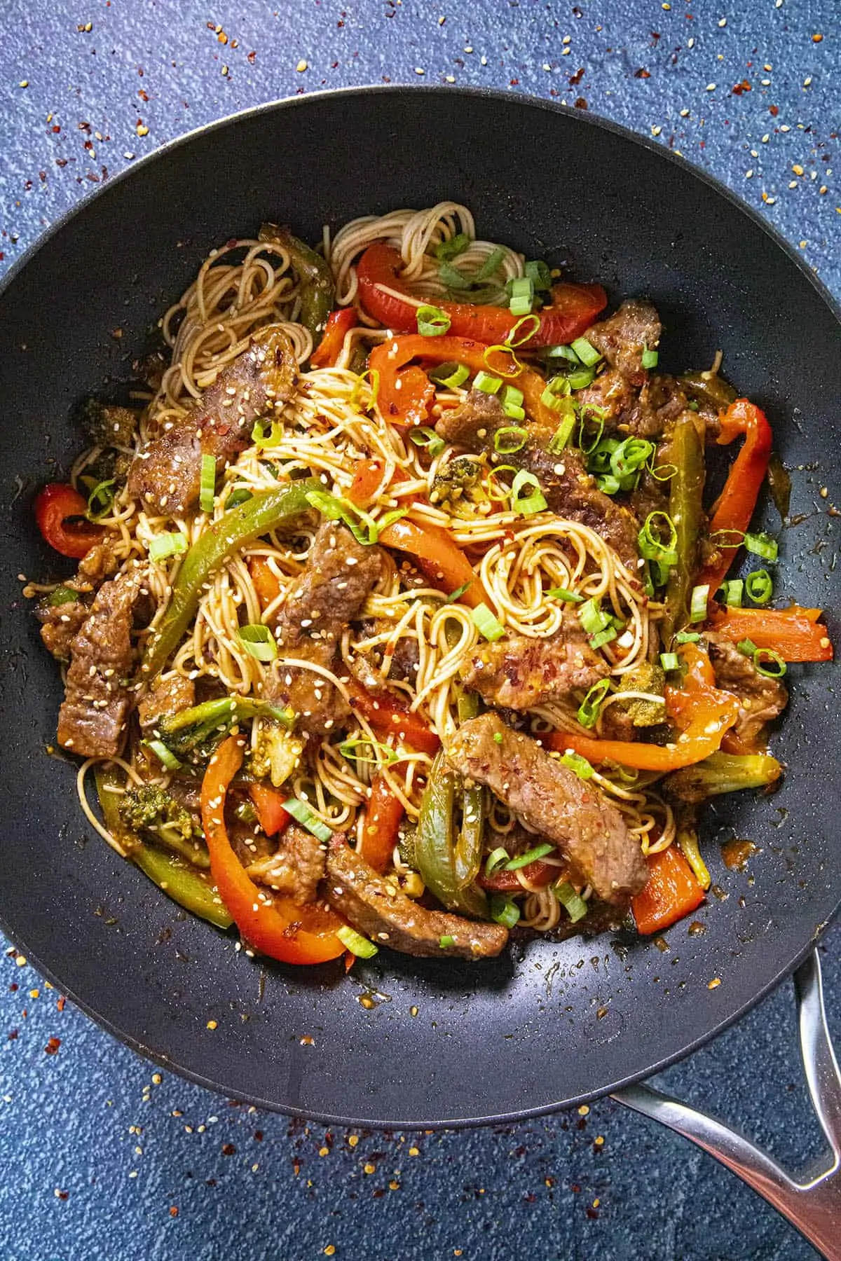 Beef Stir Fry in a pan with noodles