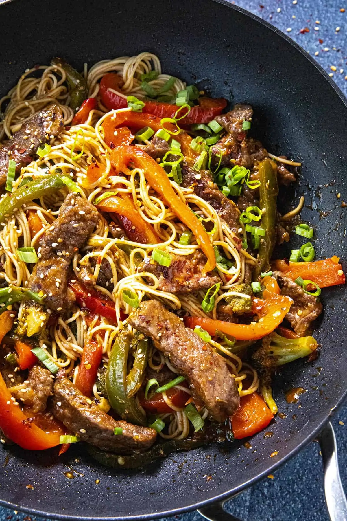 Beef Stir Fry with noodles in a pan.