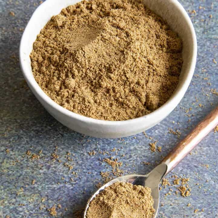 Chaat Masala Indian spice blend in a bowl and a spoon.