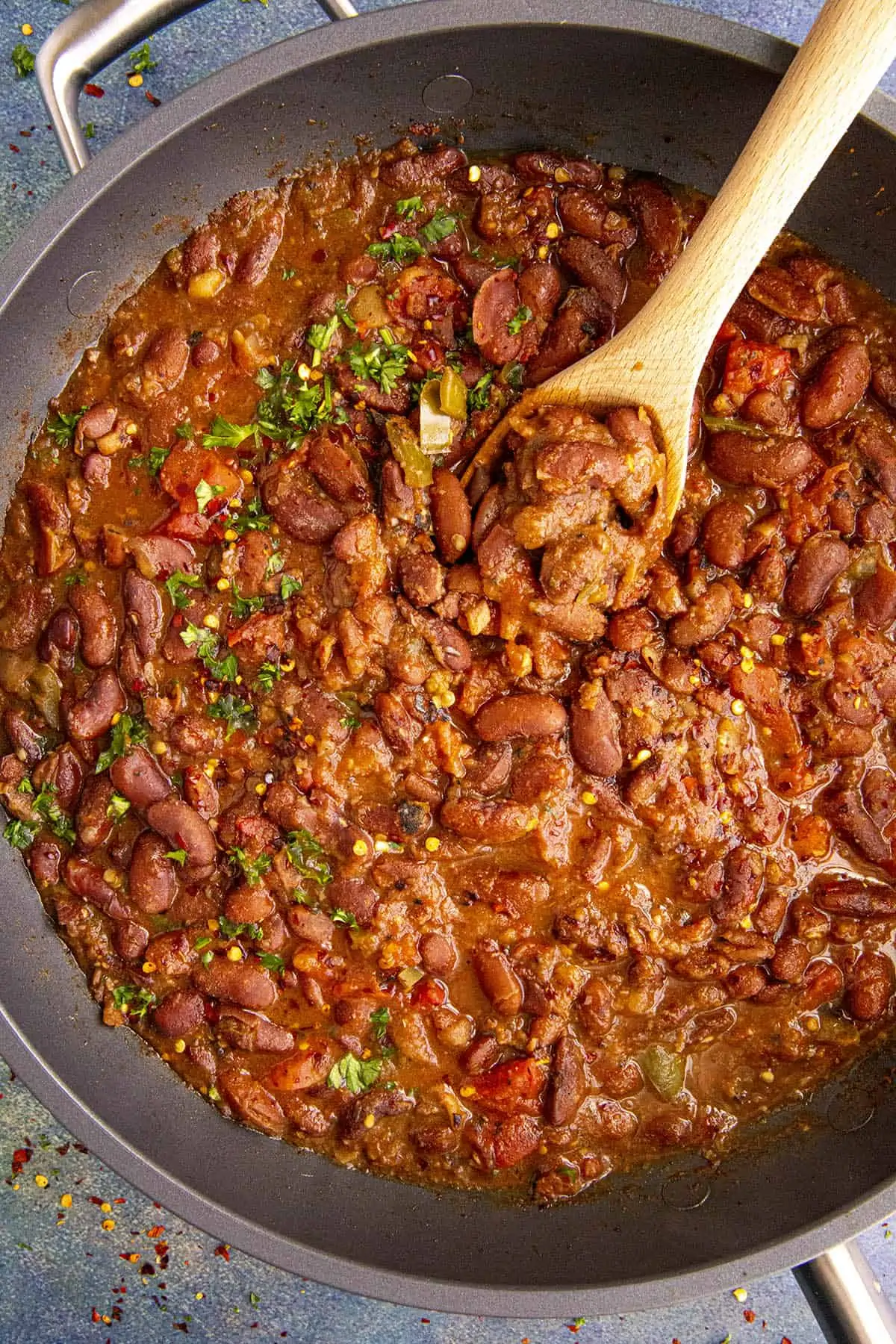 A big scoop of Charro Beans in a pan