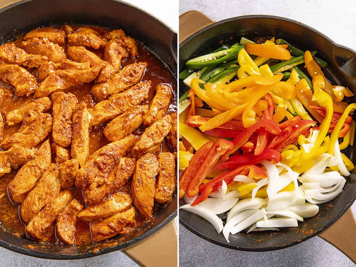 Cooking chicken, peppers and onions to make chicken fajitas
