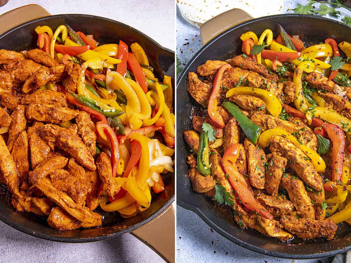 Adding chicken back to pan with the peppers to heat, plus garnish