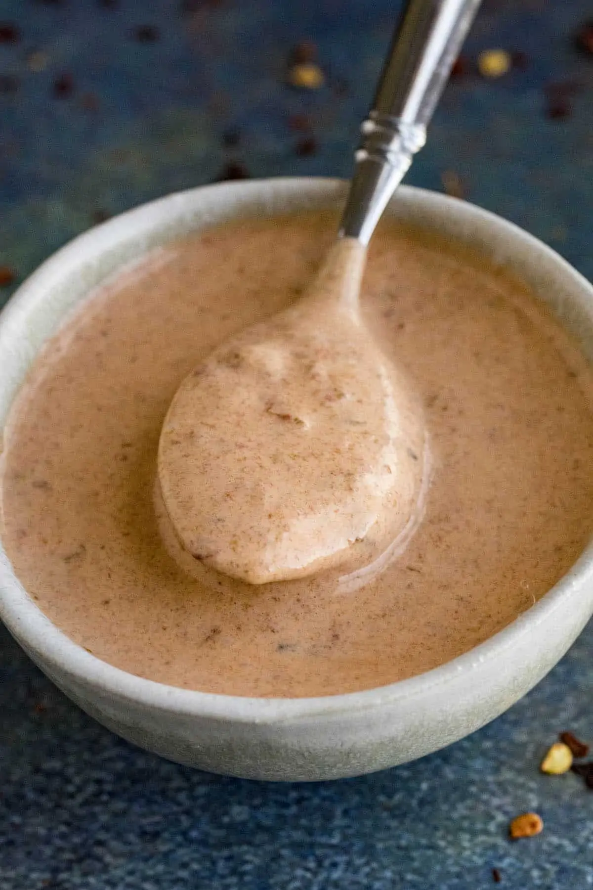 Creamy Chipotle Mayo on a spoon.