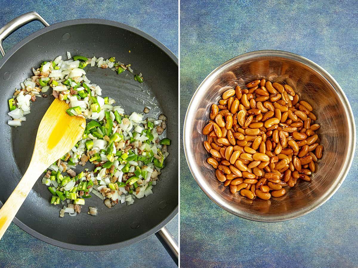 Cooking down onion and peppers in a pan to make charro beans