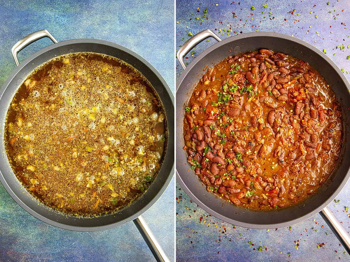 Simmering the charro beans in a pan, and hot charro beans in a pan