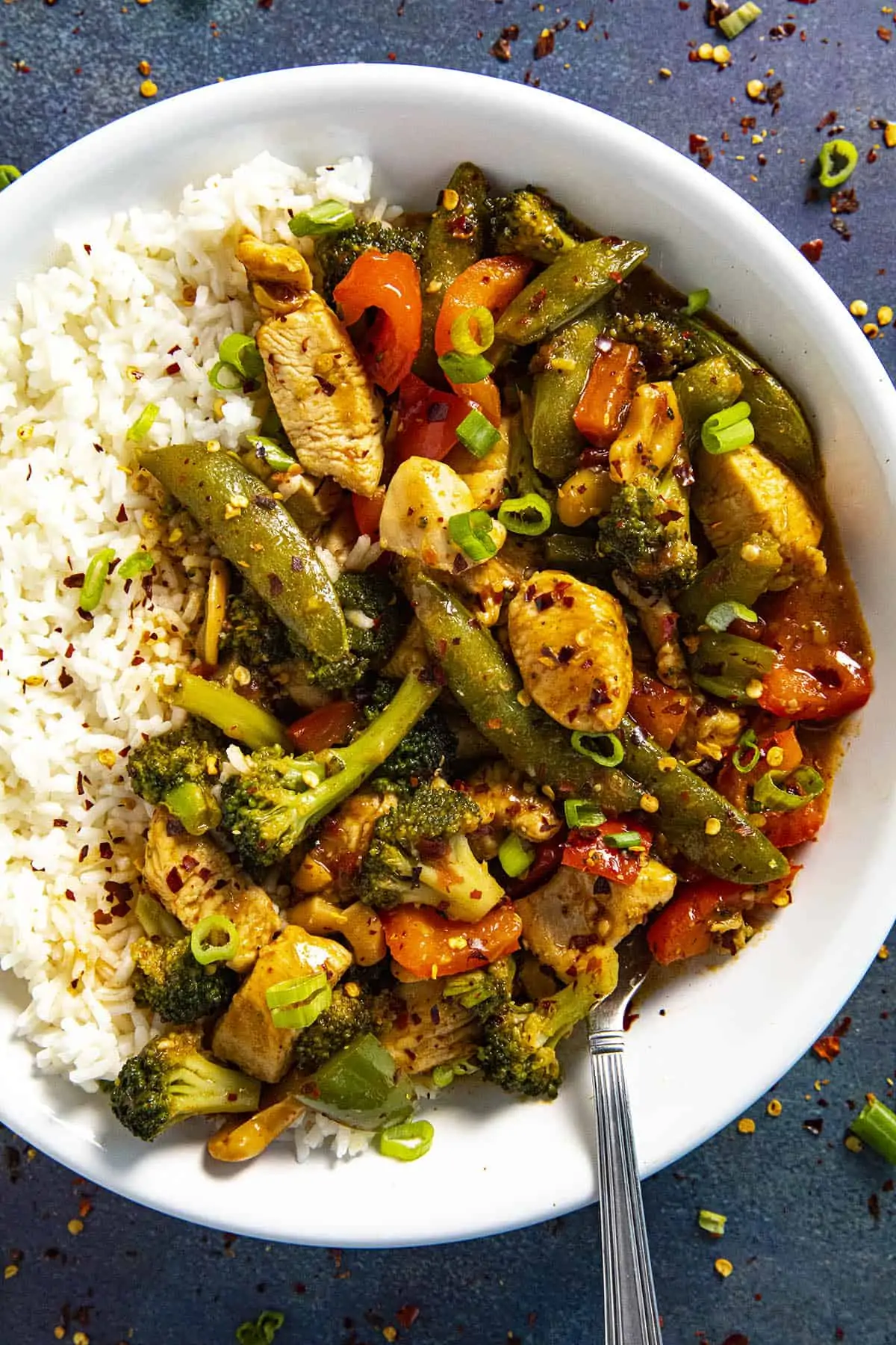 Chicken Stir Fry in a bowl with white rice