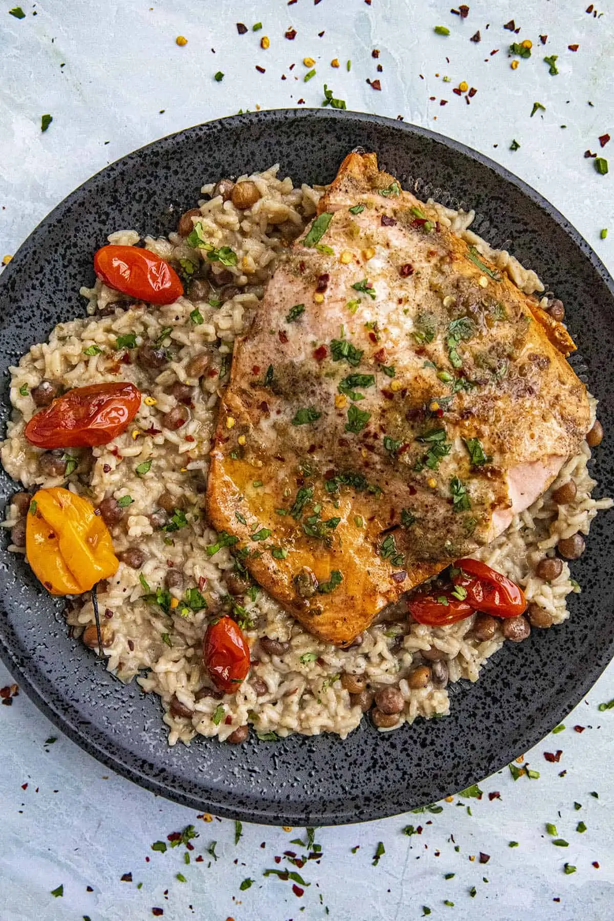 Jerk Salmon Served over a bed of Jamaican Rice and Peas