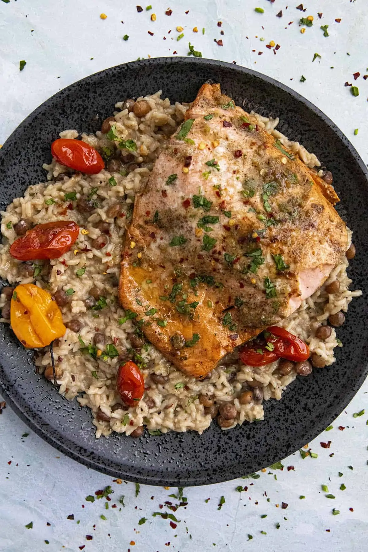 Spicy Jerk Salmon served over Jamaican rice and peas.