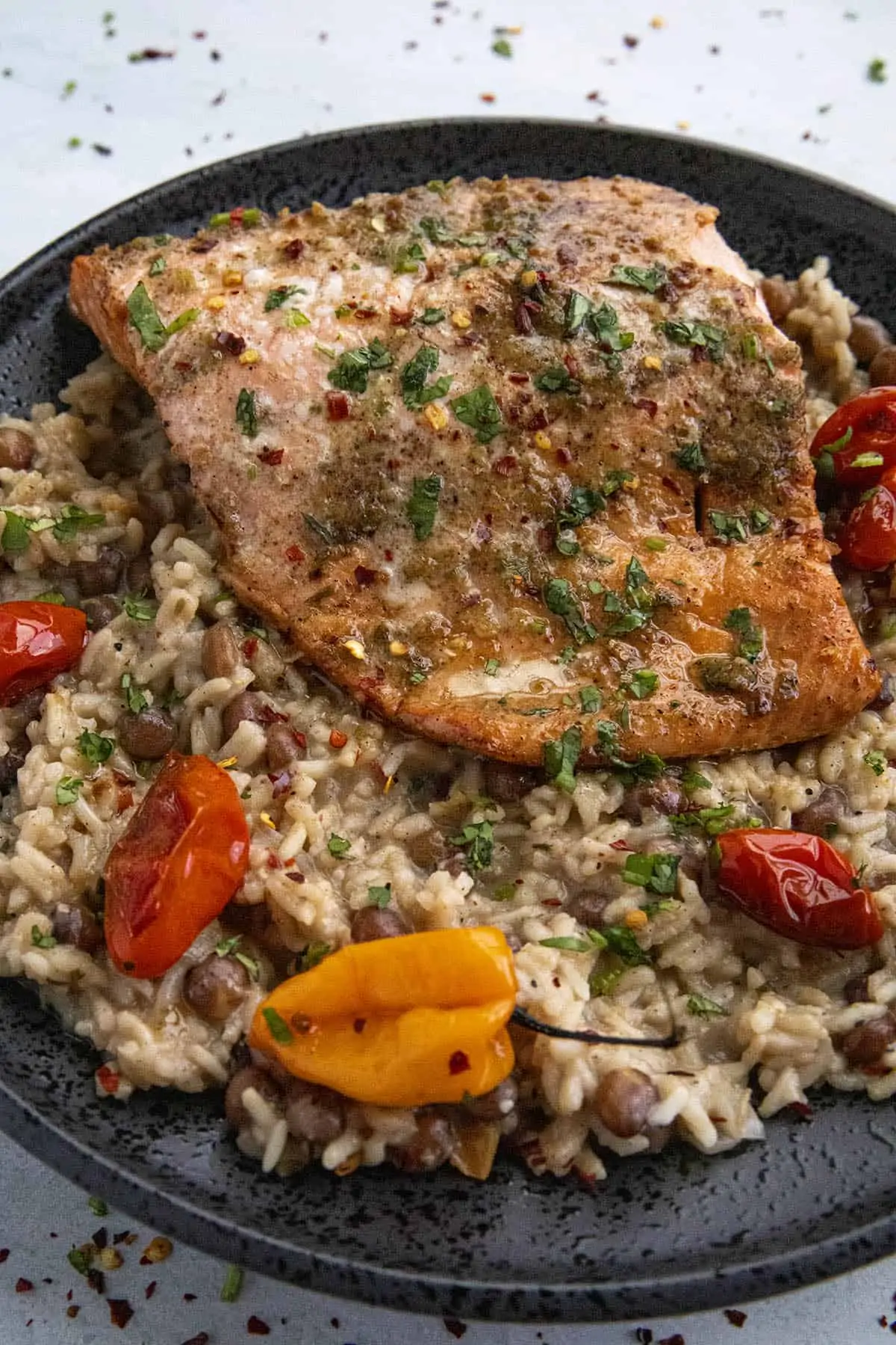 Jerk Salmon served over Jamaican rice and peas.