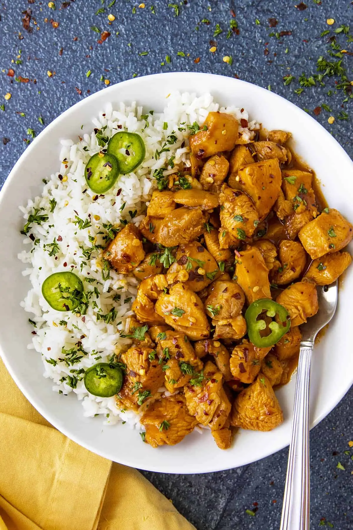 Korean Chicken in a bowl with rice, ready to serve
