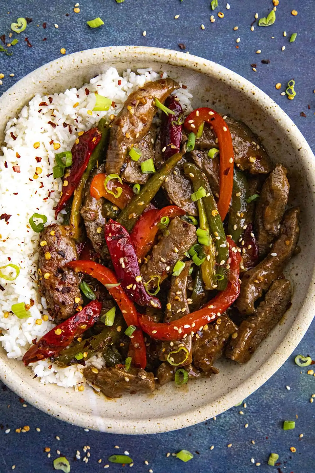 Szechuan Beef in a bowl over rice