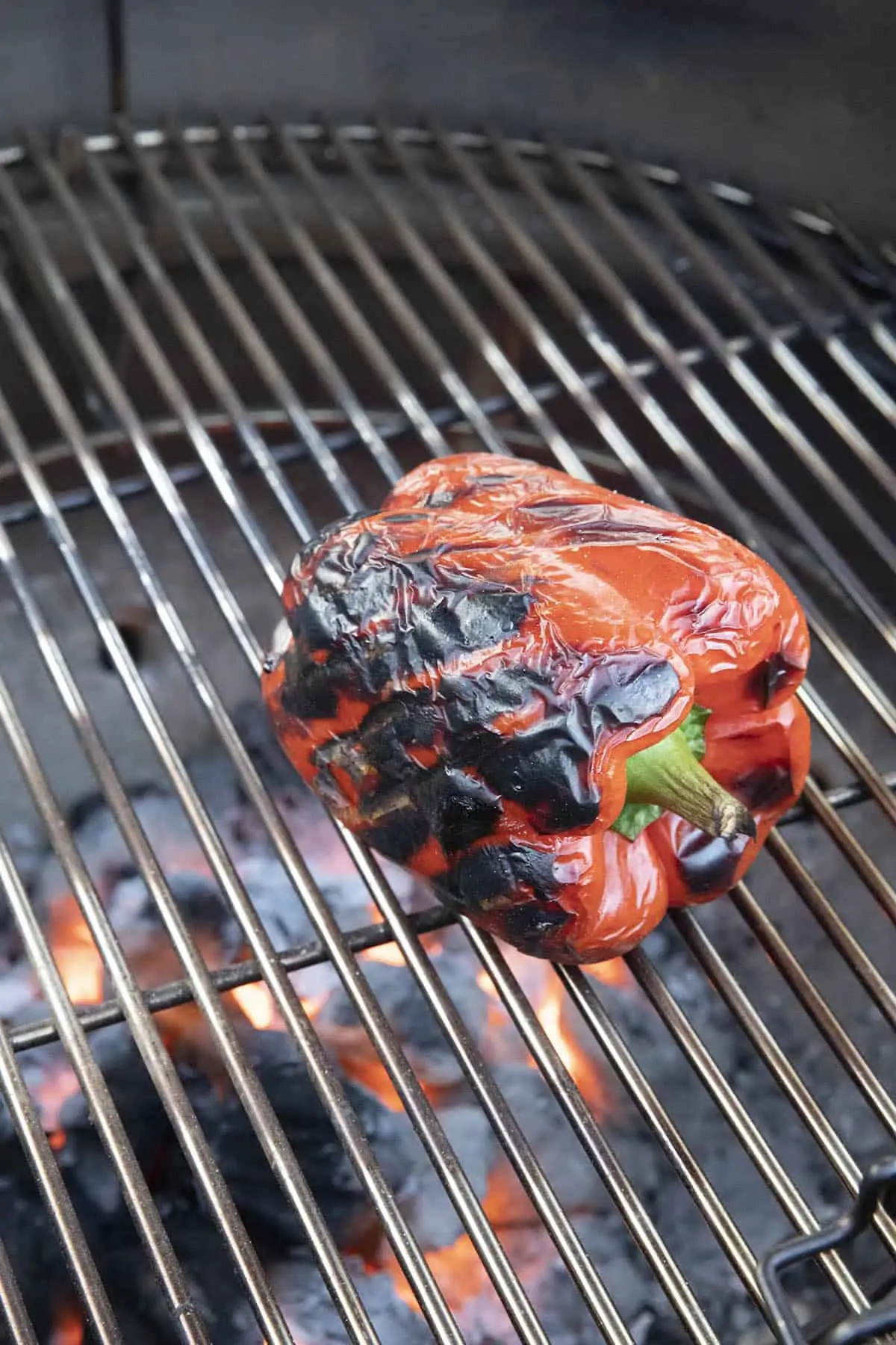 Roasting a red pepper on the charcoal grill.