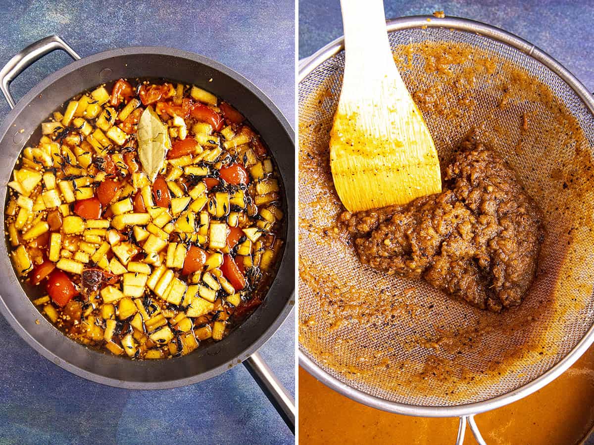 Cooking ingredients, then processing and straining them to make Tonkatsu Sauce