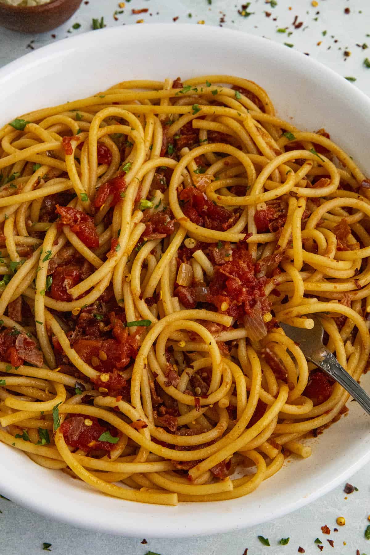 Bucatini all Amatriciana in a bowl