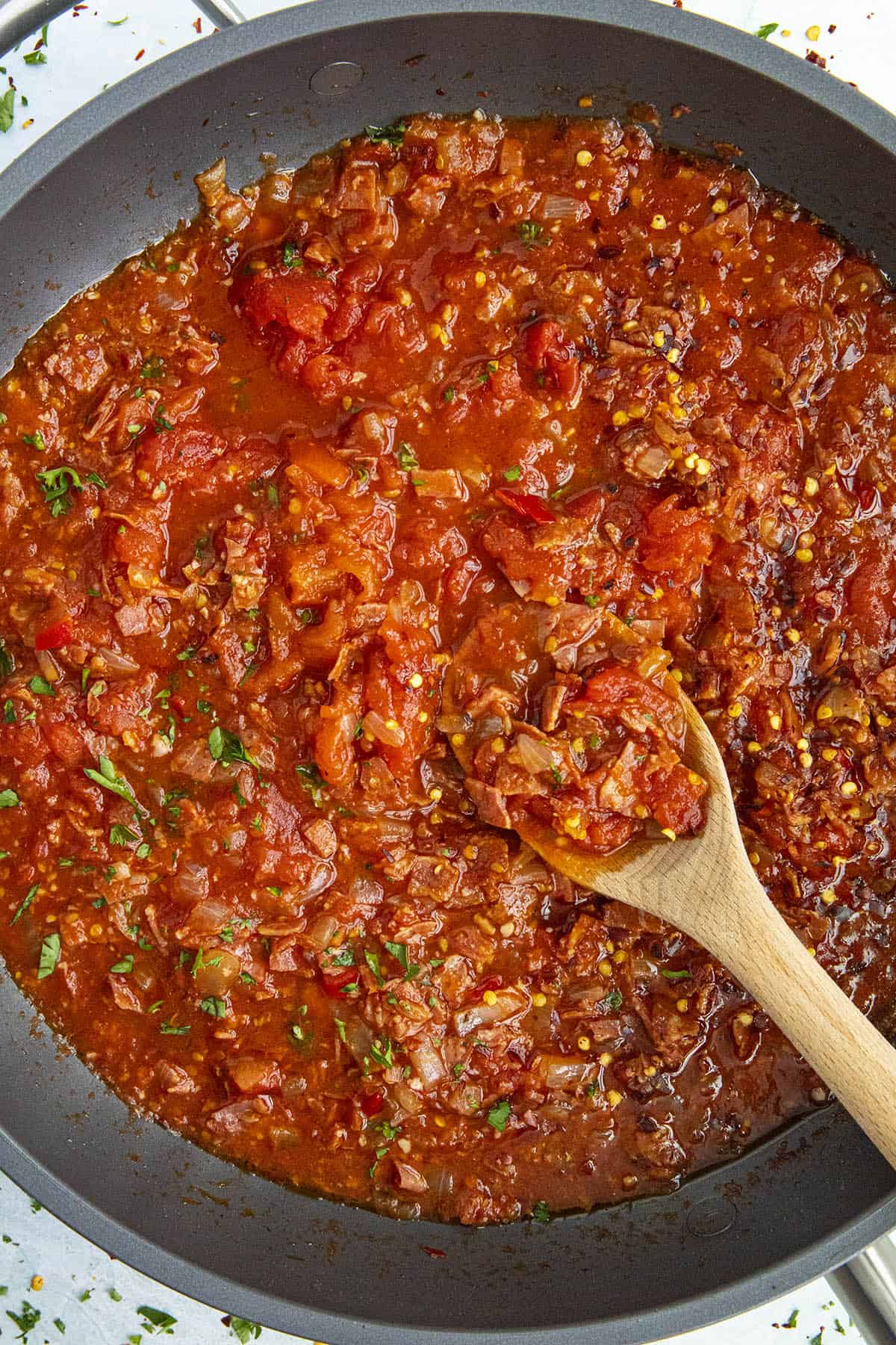 Amatriciana sauce in a pan