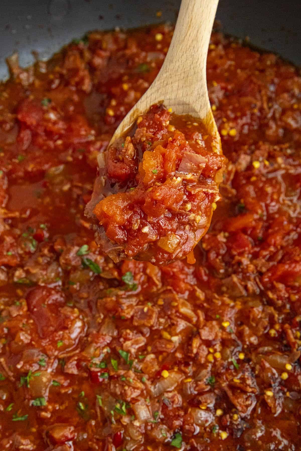 Amatriciana sauce on a spoon