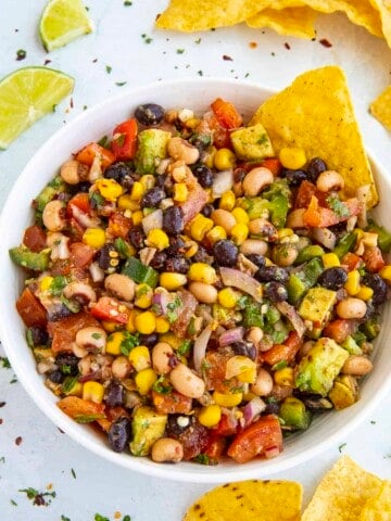 Cowboy Caviar served in a white bowl.