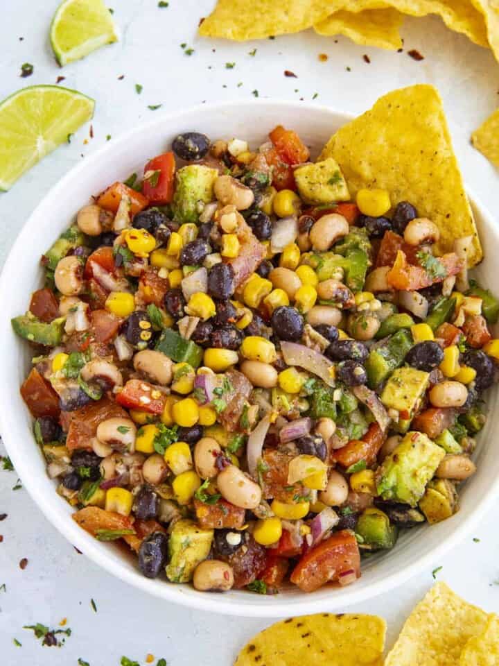 Cowboy Caviar served in a white bowl.