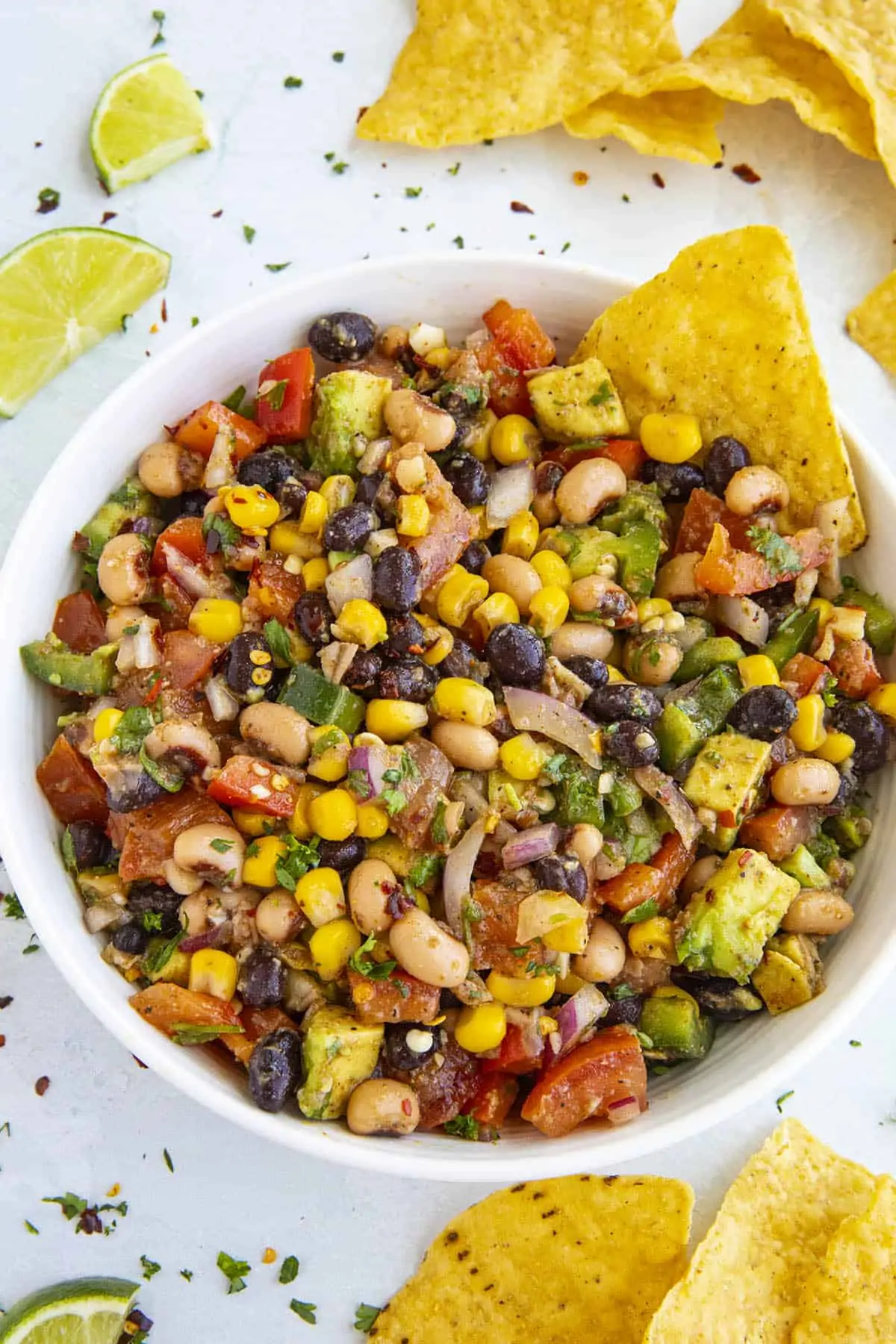 Cowboy Caviar served in a white bowl.