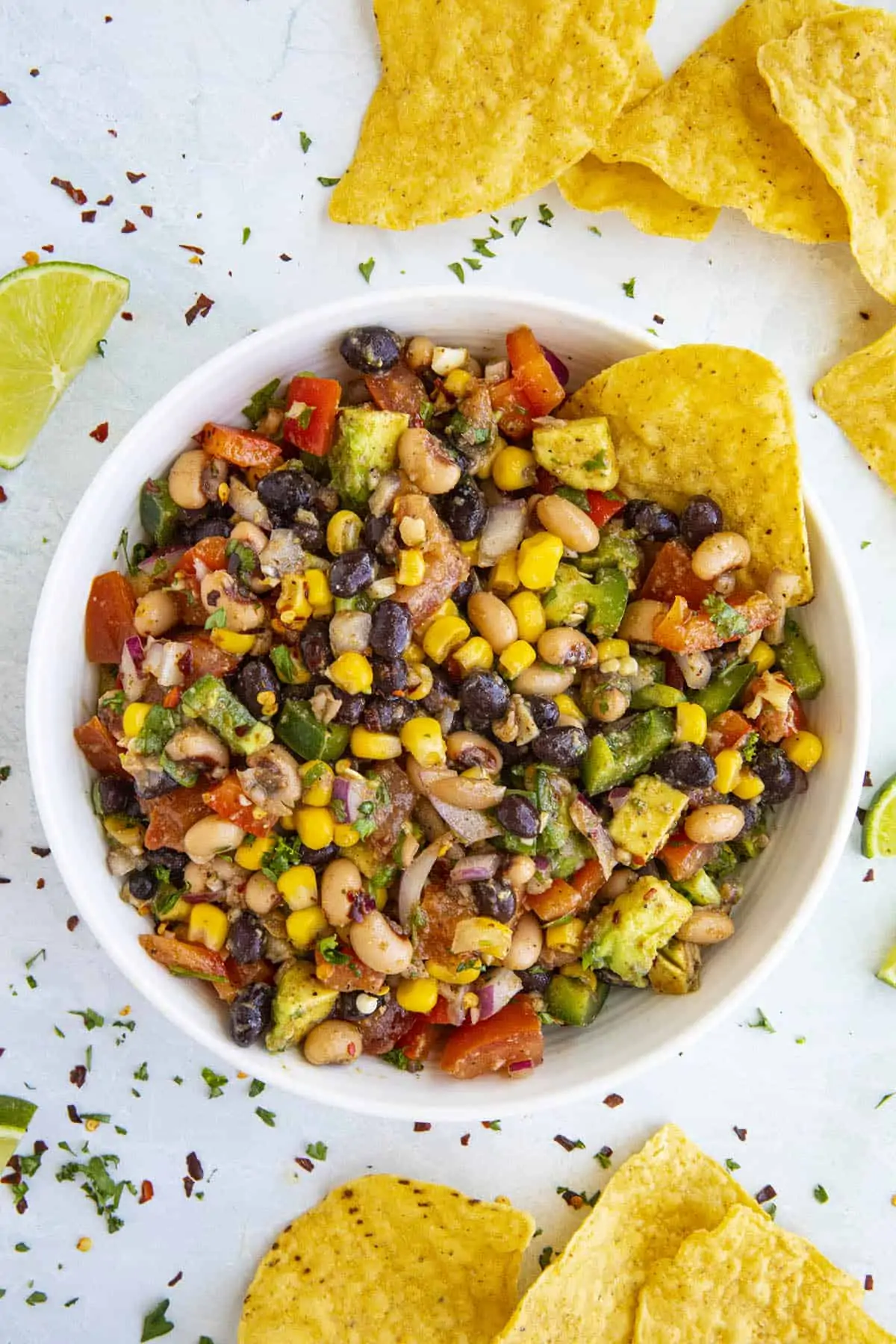 Cowboy Caviar ready to serve with crispy tortilla chips.